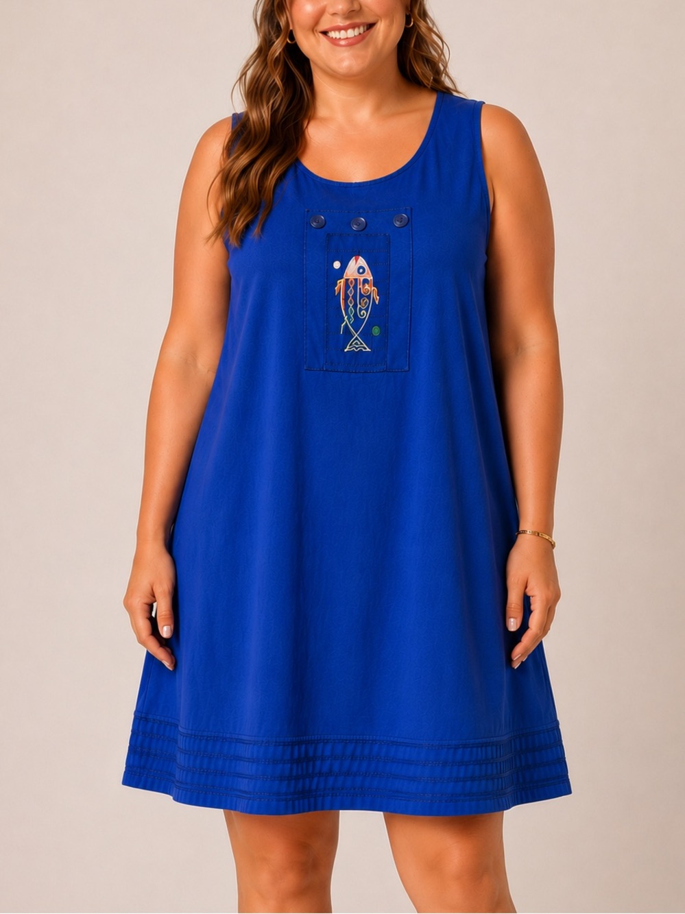100% Cotton Blue Cactus Beachy Coastal Fish Royal Blue Wearable Art House Dress